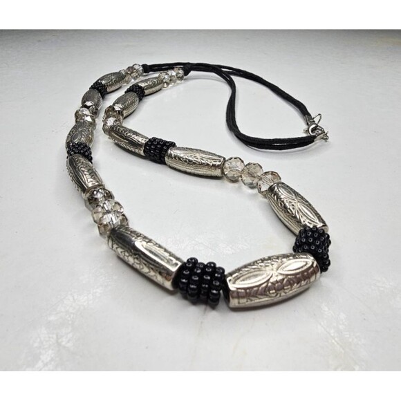 Facet Cut Glass, Embossed Metal and Black Seed Bead Waxed Corded Necklace 34"L - Picture 1 of 3